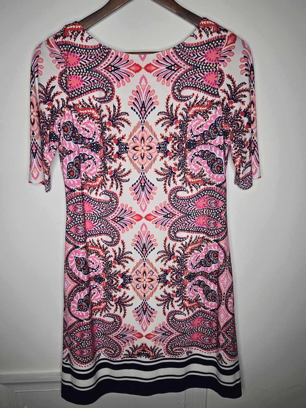 Eliza J Paisley Print Jersey Knit Stretch Shift Dress Navy Pink Orange Size 6